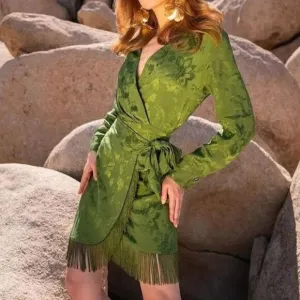 ZARA Green Fringed Jacquard Wrap Dress
